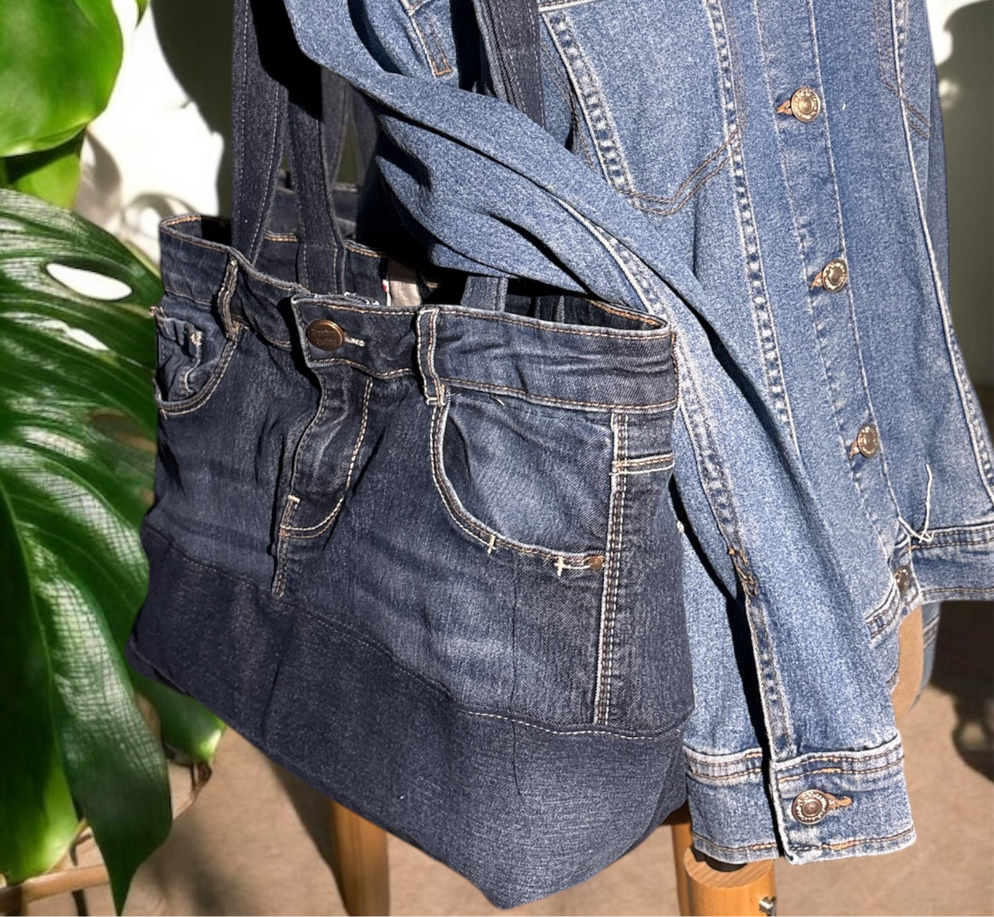 Sac à main en Jeans recyclé doublé coton beige-Porté épaule-Pièce unique