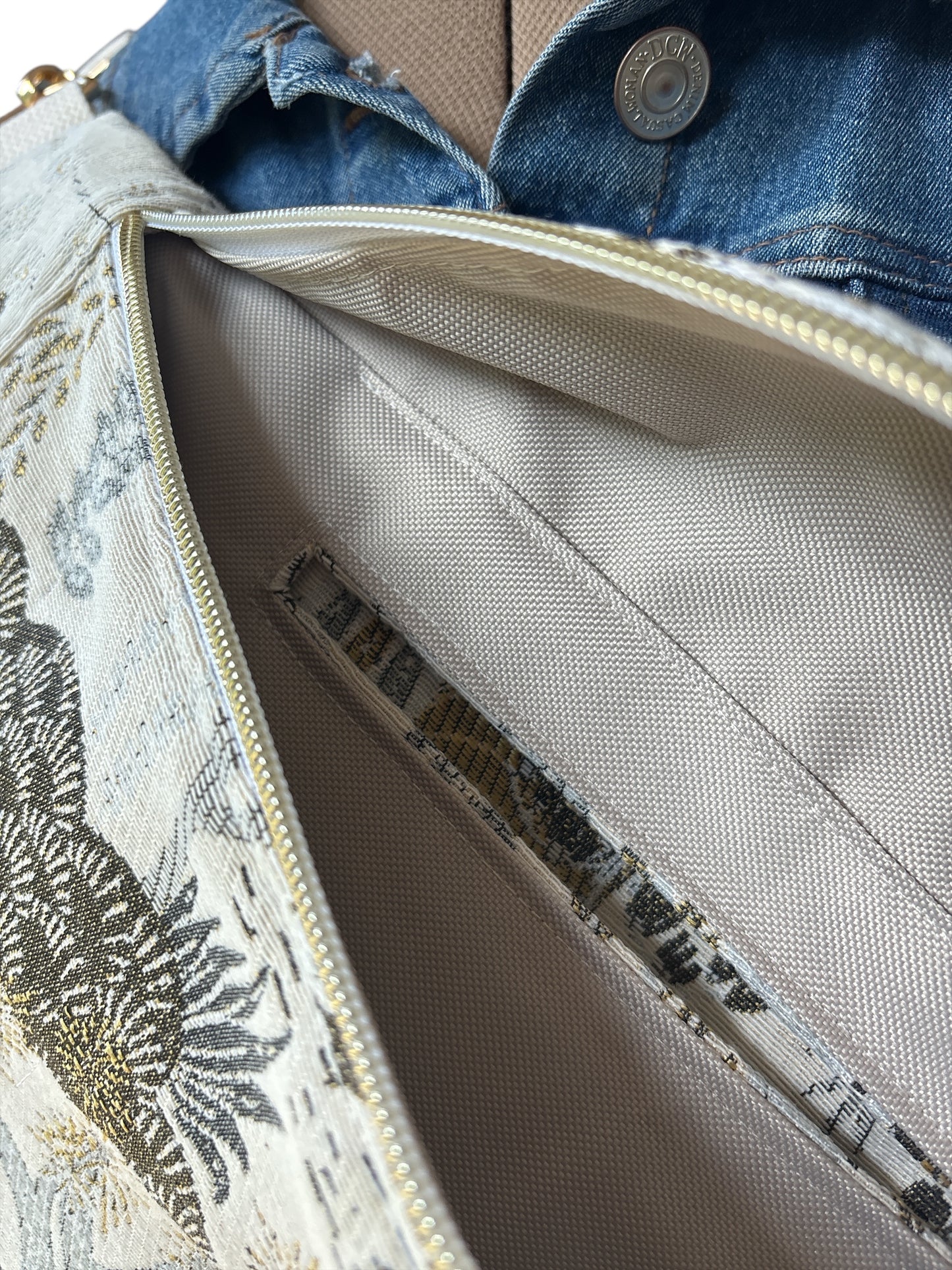 Sac Banane en Tissu jacquard beige doré motifs dorés arbres - 40x18 cm