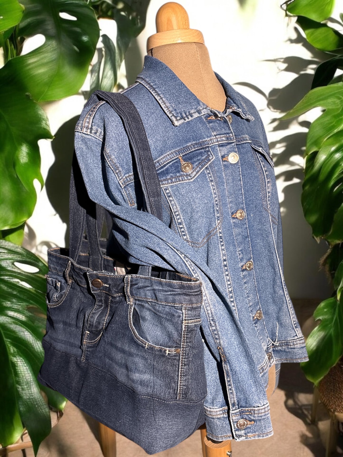 Sac à main en Jeans recyclé doublé coton beige-Porté épaule-Pièce unique