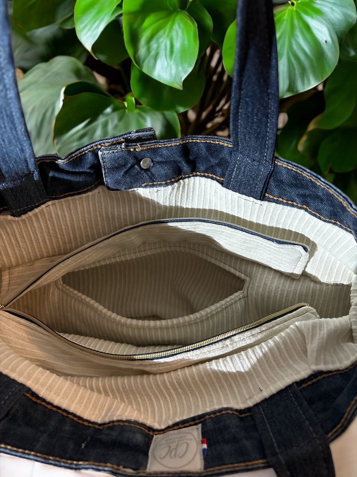 Sac à main en Jeans recyclé doublé coton beige-Porté épaule-Pièce unique
