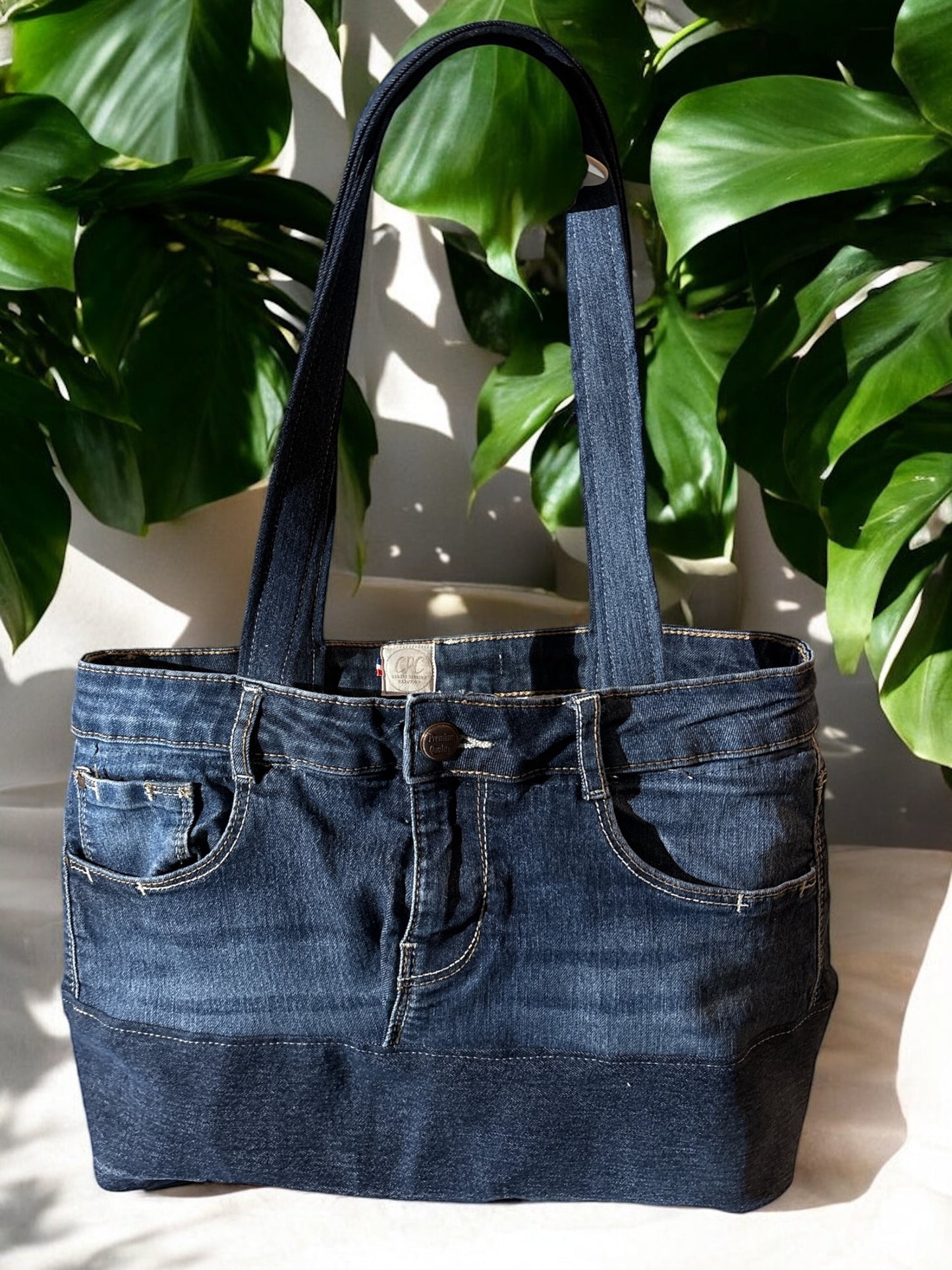 Sac à main en Jeans recyclé doublé coton beige-Porté épaule-Pièce unique