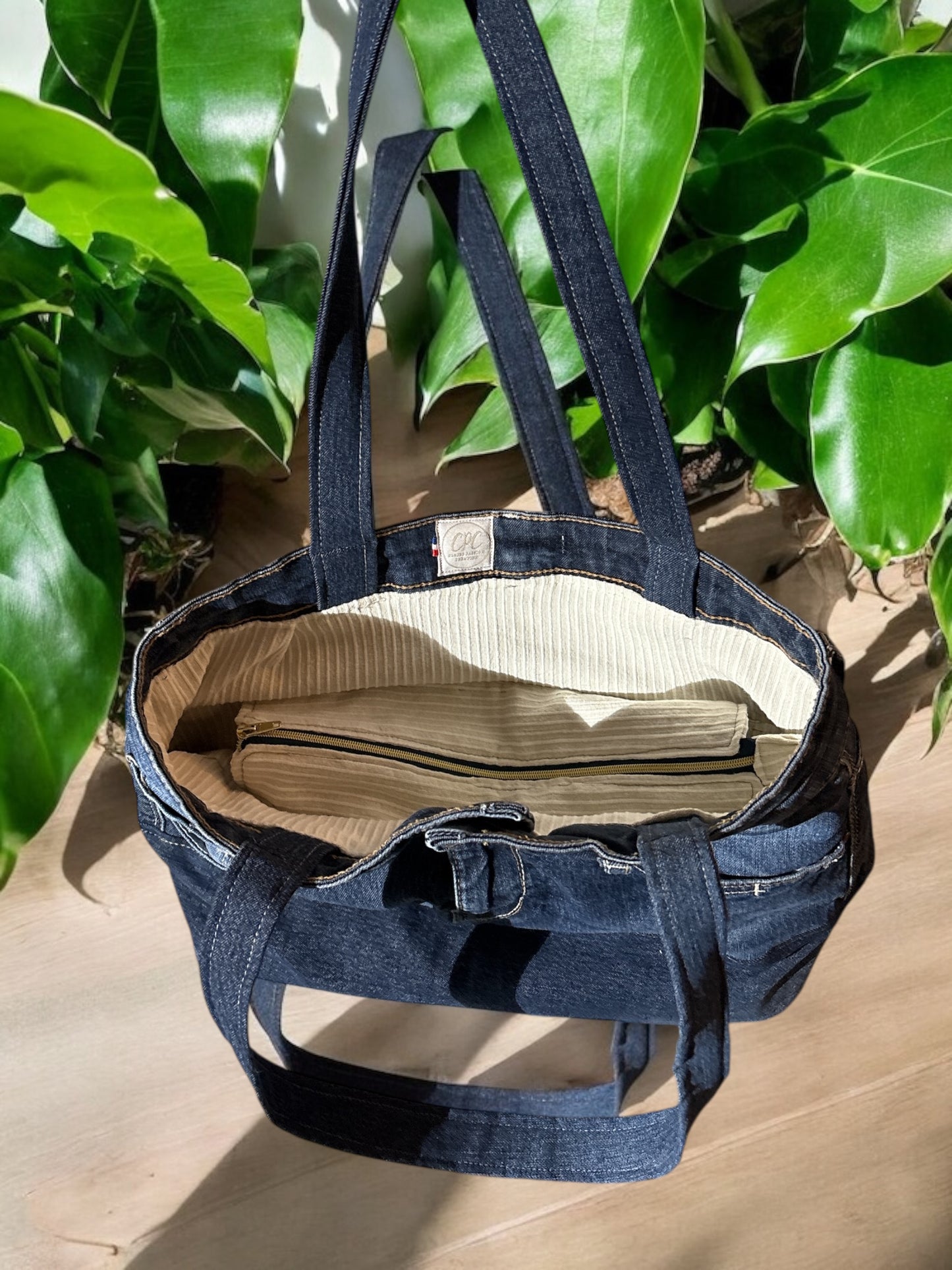 Sac à main en Jeans recyclé doublé coton beige-Porté épaule-Pièce unique