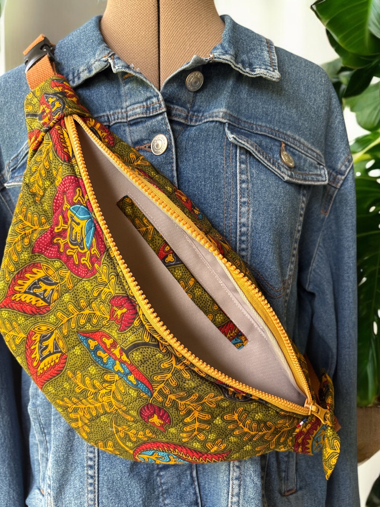 Sac Banane adulte en coton indien matelassé kaki et moutarde -Pièce unique-