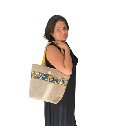 Sac cabas en toile de jute et jacquard savane -Piece unique-32x35x16 cm