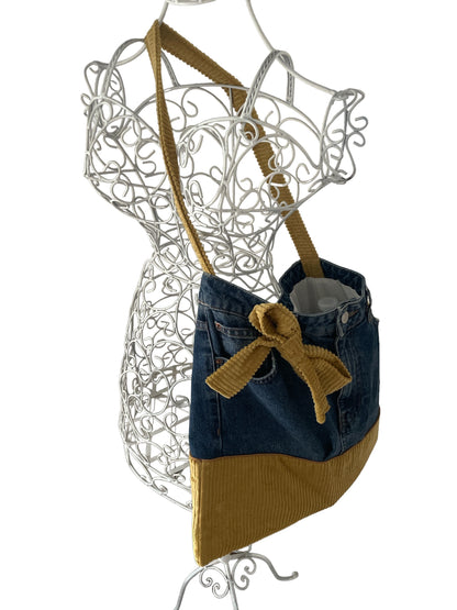 Sac Besace en Jeans recyclé et velours côtelé moutarde 45x38 cm
