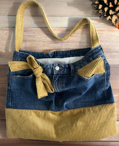 Sac Besace en Jeans recyclé et velours côtelé moutarde 45x38 cm