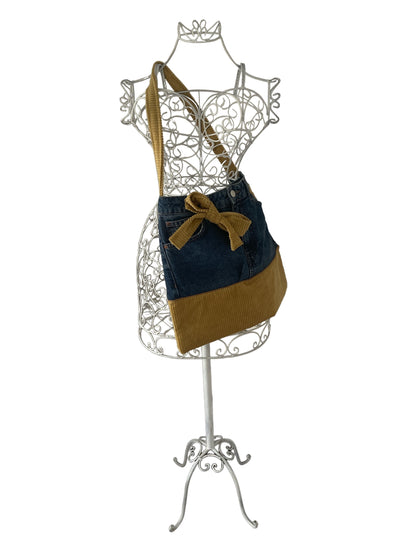 Sac Besace en Jeans recyclé et velours côtelé moutarde 45x38 cm