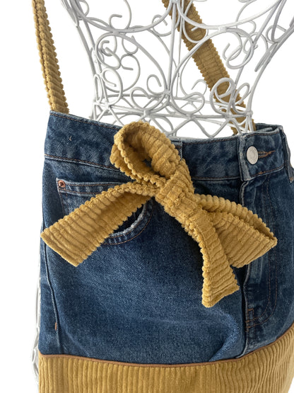 Sac Besace en Jeans recyclé et velours côtelé moutarde 45x38 cm