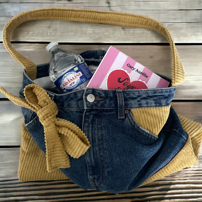 Sac Besace en Jeans recyclé et velours côtelé moutarde 45x38 cm