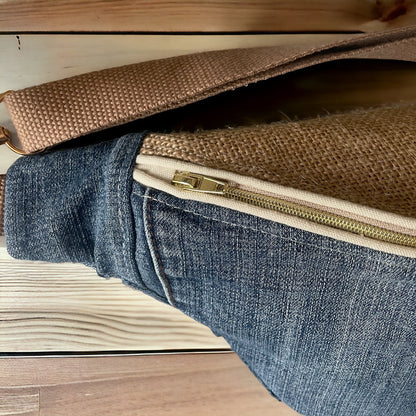 Sac Banane en Jeans ,toile de jute et lin recyclés- 40x18 cm