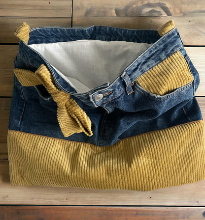 Sac Besace en Jeans recyclé et velours côtelé moutarde 45x38 cm